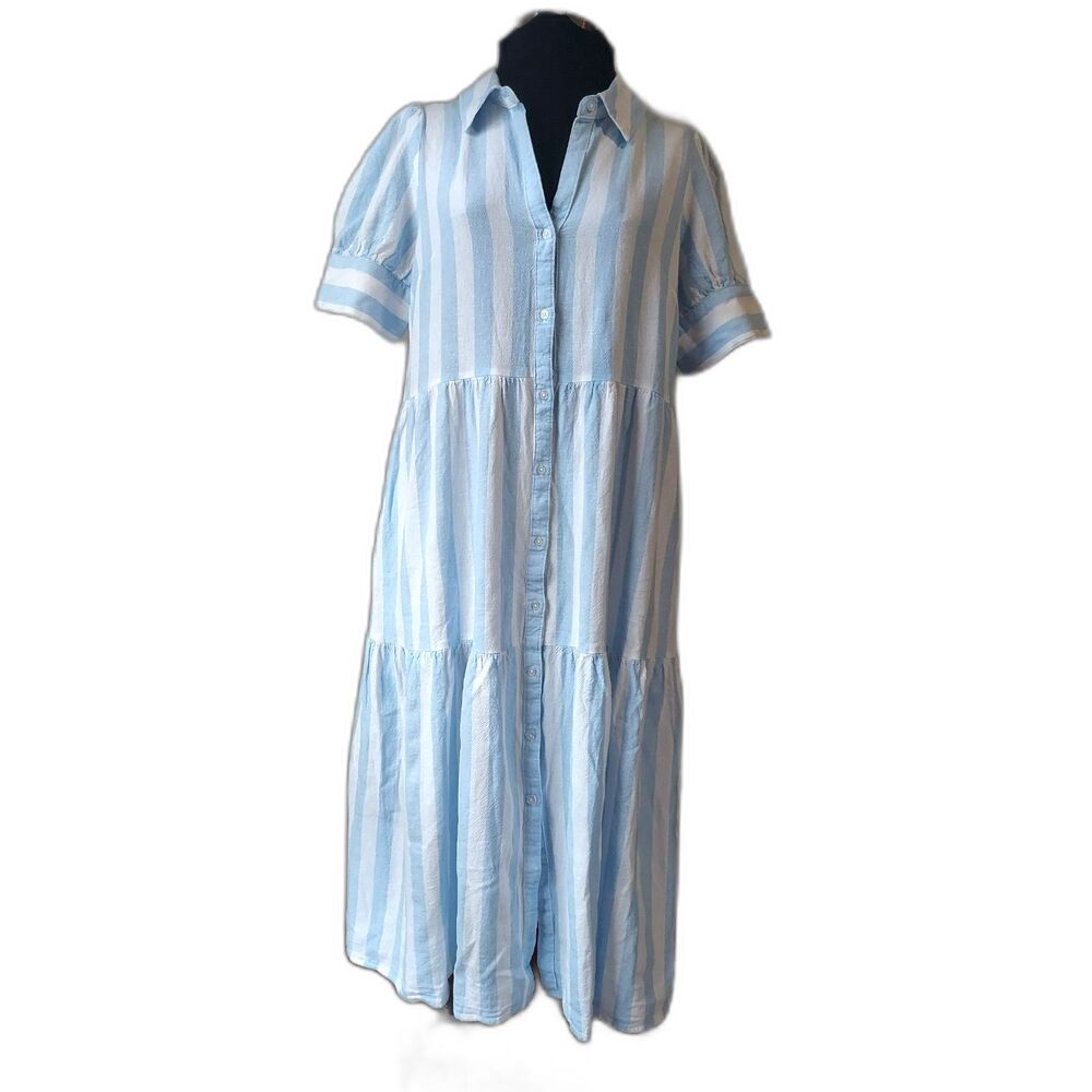 Crown + Ivy Tiered Maxi Dress Blue White Vertical Stripes Short Puff Sleeves